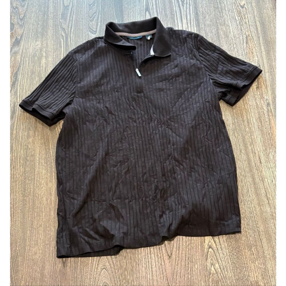 Perry Ellis Womens Ribbed Polo Shirt Short Sleeve Quarter Zip Black Size XL